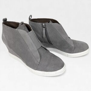 LINEA PAOLO Felicia Suede Platform Wedge Sneaker Bootie Womens 7 Gray‎ Side Zip